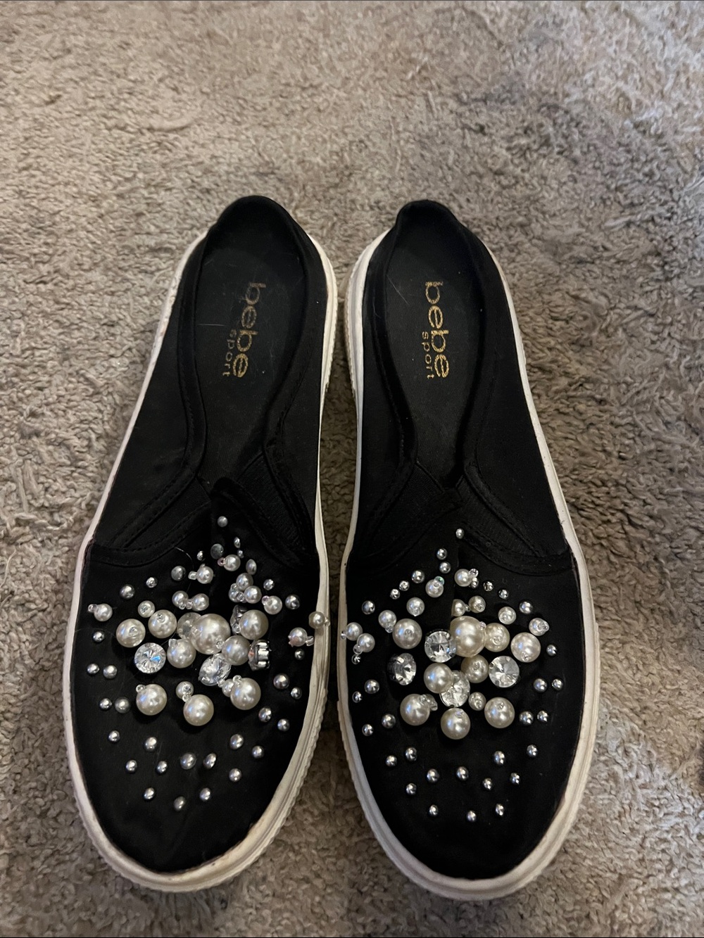bebe Black Pearl & Crystal Embellished Slip-On Flats